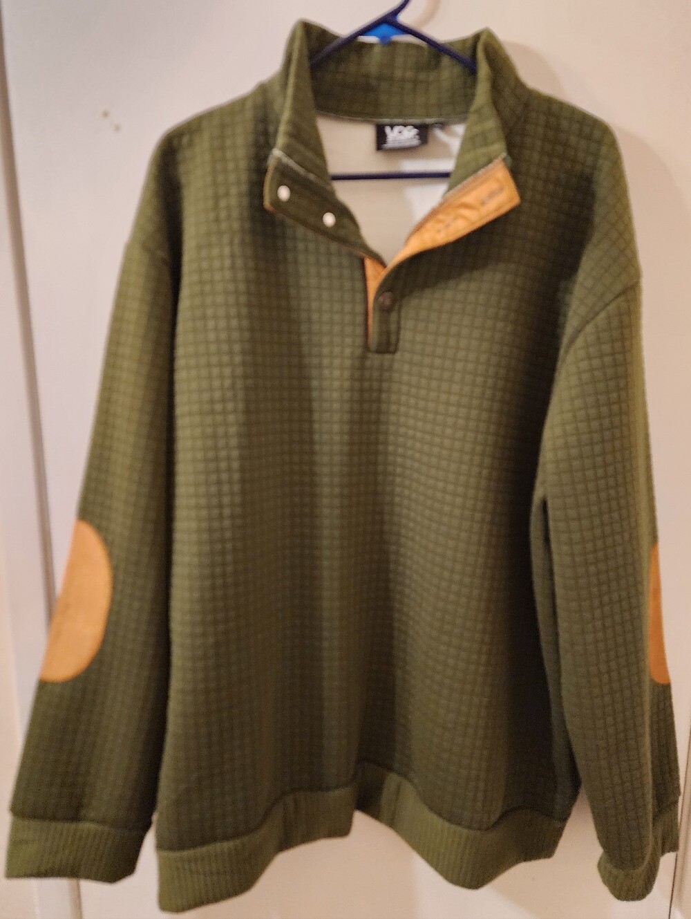 Olive Green Quilted Pullover Men's Sweater with Tan Elbow Patches